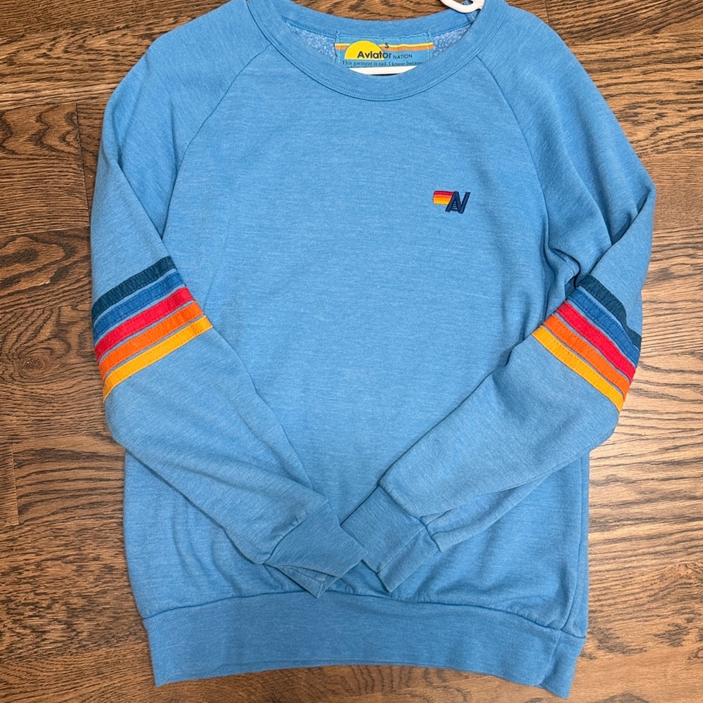 Aviator Nation blue rainbow stitch sleeve crewneck sweatshirt